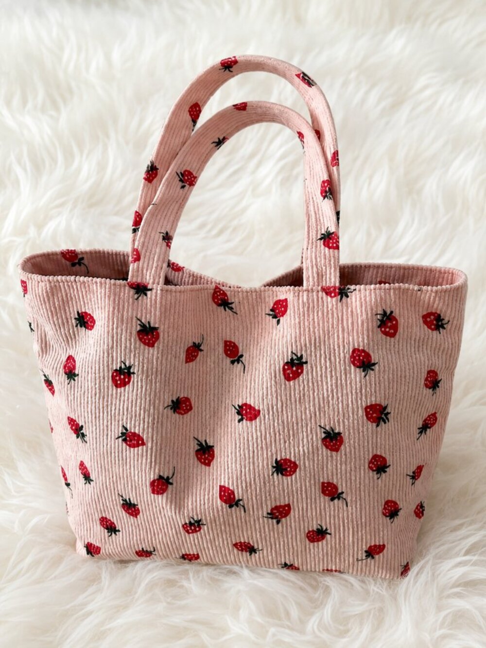 Pink Strawberry Mini Corduroy Tote Bag – Cute Small Everyday Handbag